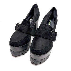 Chunky Platform Suede Buckle Loafers Womens 7.5 38 Black Academia Retro Witchy